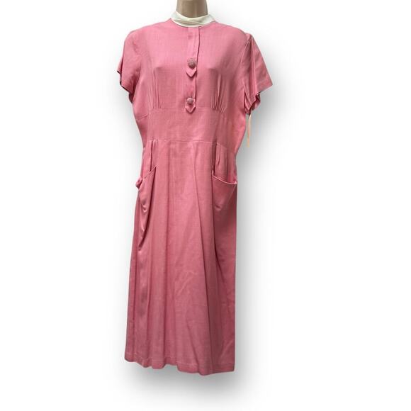 1950s Mode O’Day Pink Day Dress Pockets Lucite Rhinestone Buttons 33” Waist VNTG - Picture 2 of 16